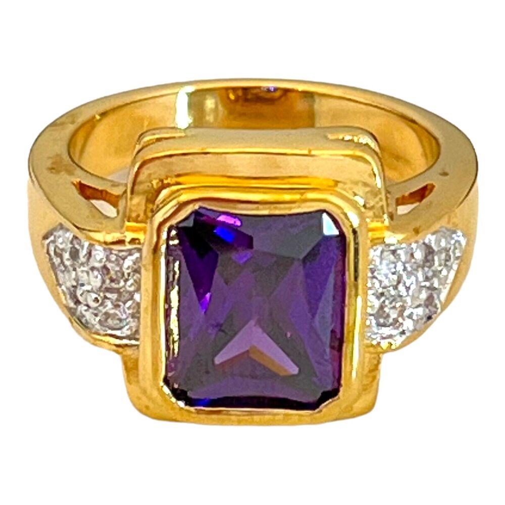 Vintage 1980s Emerald Cut Ring Purple Crystal Gold Plated Size 7 - 5C